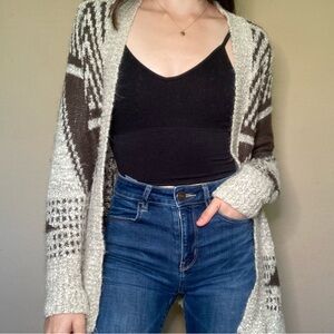 Woven Heart Patterned Open-Front Cardigan - Cream and Brown
